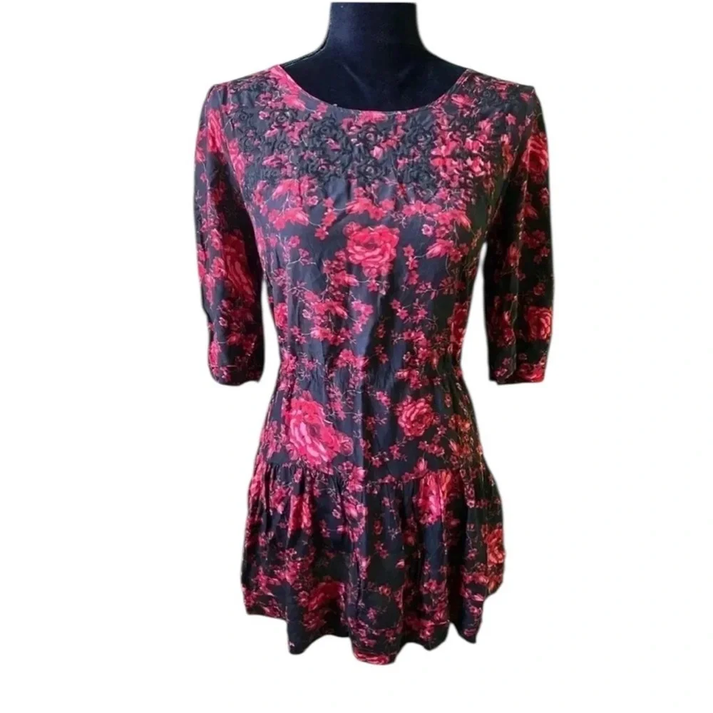 Free People Womens Black‎ Red Floral Tiered Mini Dress Small